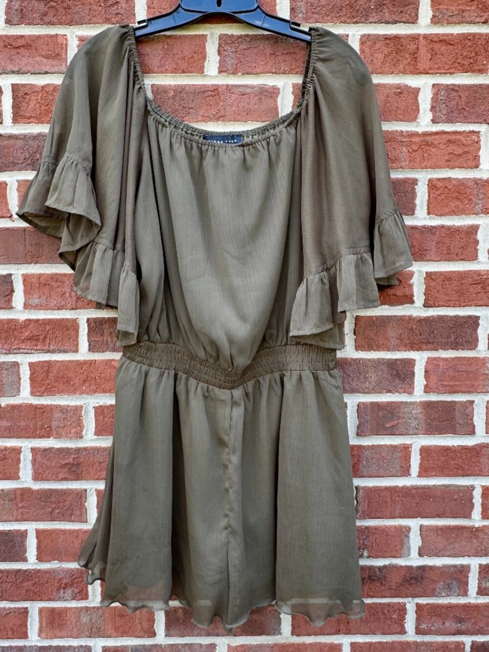 Endless Rose Romper Medium Olive Green Flutter Sleeves Smocked Waist Romantic